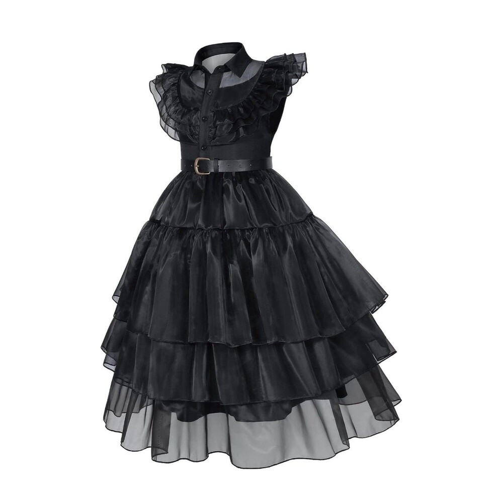 Girls Black Halloween Costume Dress with Wig, Wednesday Addams, includes Thing